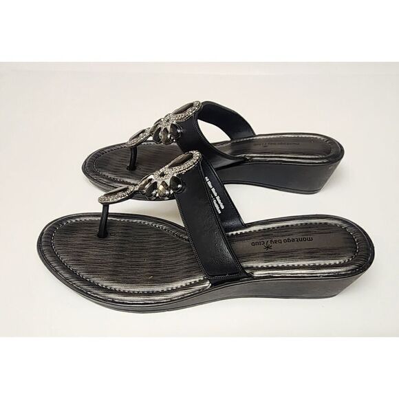 Montego Bay Club T Strap Black Heel Wedge Sandals Shoes Size US 7 - Picture 6 of 10